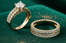 Two-piece yellow gold bridal ring set with a brilliant centre stone and coordinating pavé wedding band