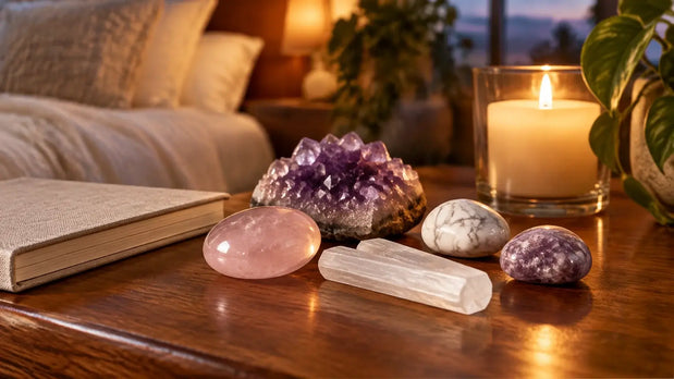 Amethyst, rose quartz, lepidolite, selenite and howlite arranged for a calming bedside ritual