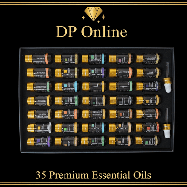 35 Premium Essential Oils in a black box with golden accents, showcasing a variety of therapeutic fragrances.