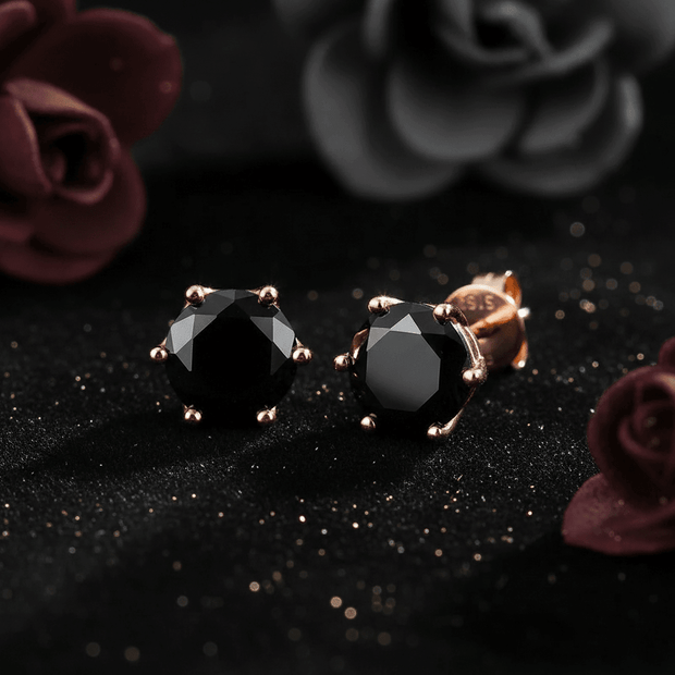 1.0ct Rose Gold 925 Black Moissanite Diamond 6.5mm Round Ear Studs - DP Online