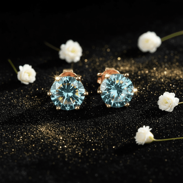 1.0ct Rose Gold 925 Blue Tango Moissanite Diamond 6.5mm Round Ear Studs - DP Online