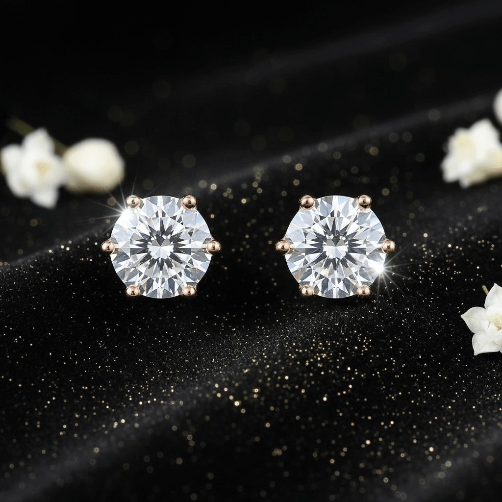 1.0ct Rose Gold 925 Hundred Faces Cut Moissanite Diamond 6.5mm Round Ear Studs - DP Online