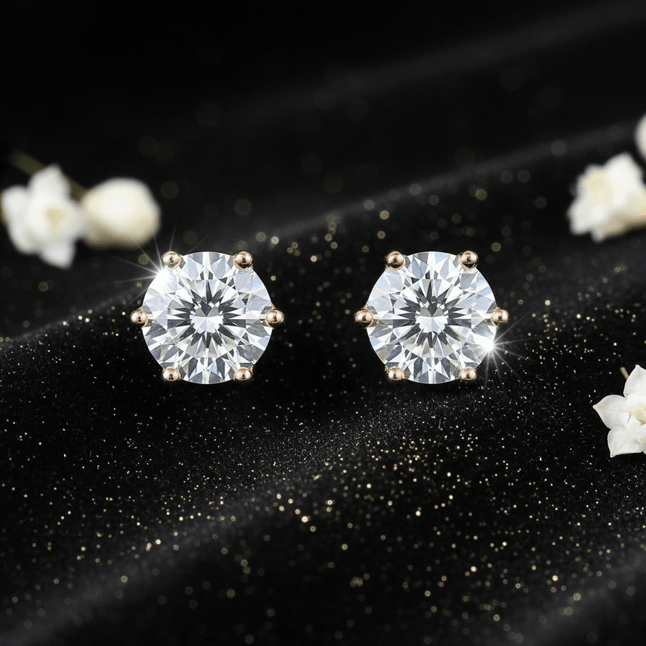 1.0ct Rose Gold 925 Hundred Faces Cut Moissanite Diamond 6.5mm Round Ear Studs - DP Online