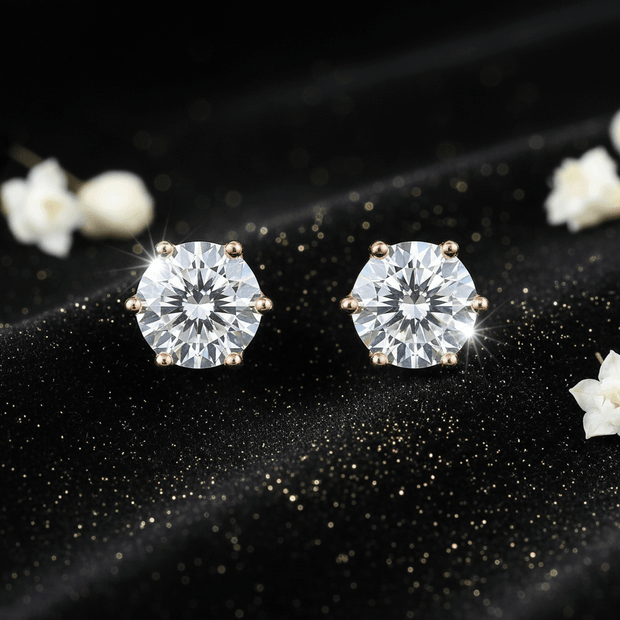 1.0ct Rose Gold 925 Hundred Faces Cut Moissanite Diamond 6.5mm Round Ear Studs - DP Online