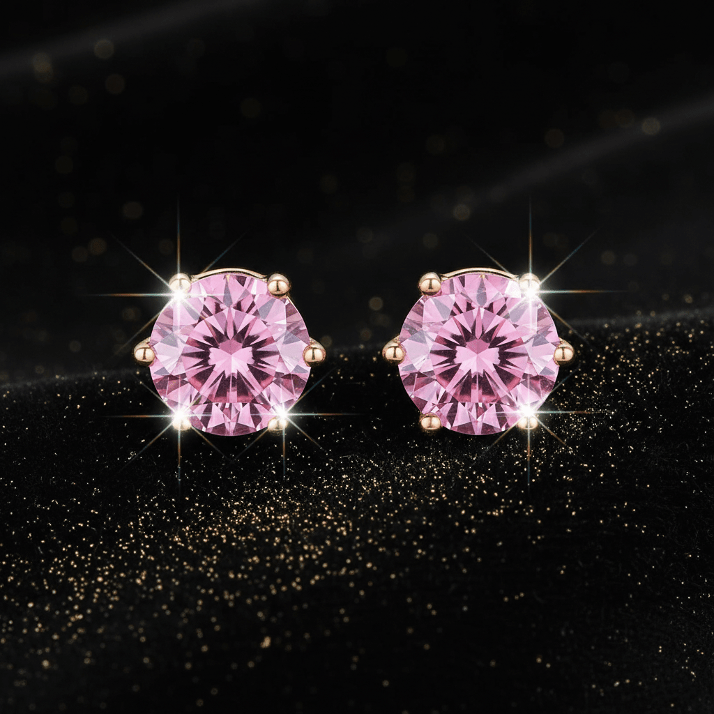 1.0ct Rose Gold 925 Purplish Pink Moissanite Diamond 6.5mm Round Ear Studs - DP Online