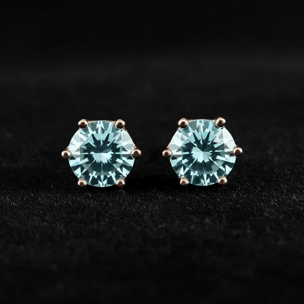 1.0ct Rose Gold 925 Sea Blue Moissanite Diamond 6.5mm Round Ear Studs - DP Online