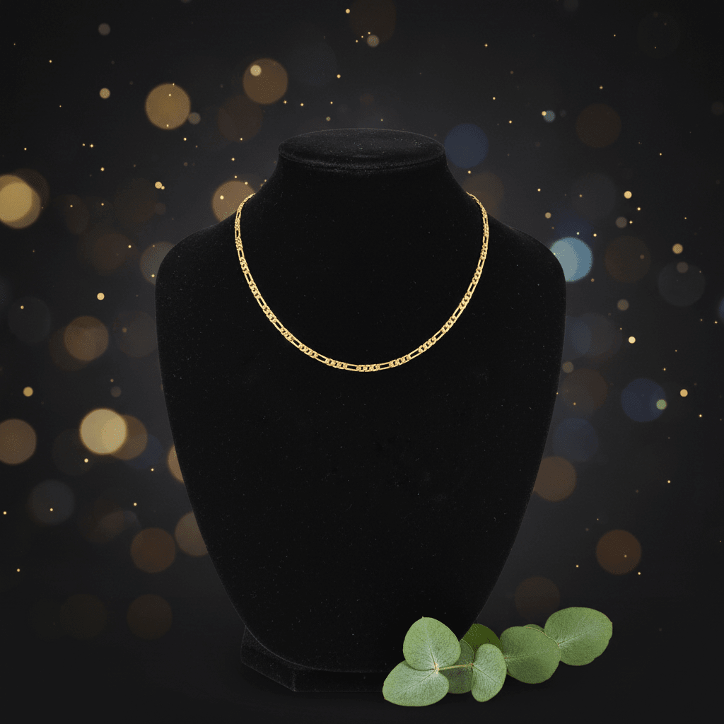14ct Gold 18 45cm 4mm 31 Figaro Link Chain displayed on a black bust against a sparkling background.