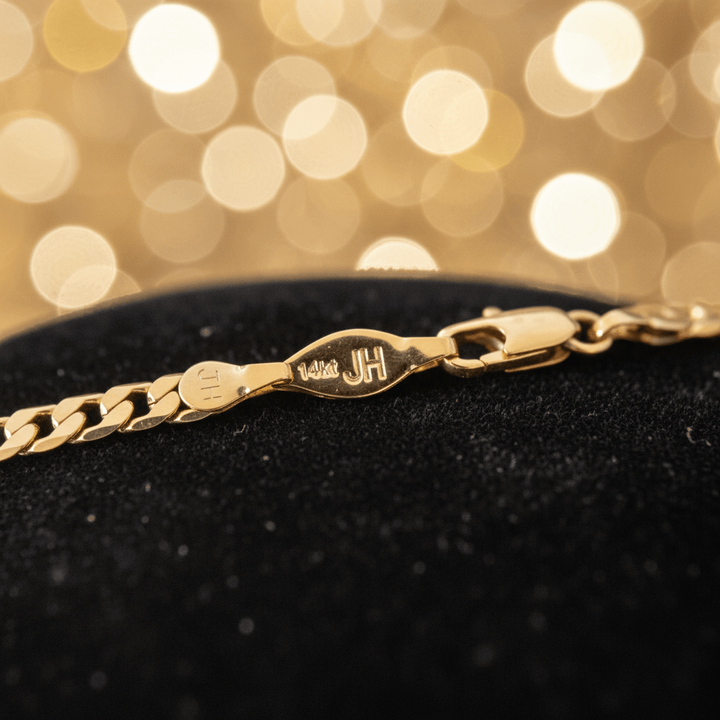 Close-up of the 14ct Gold 18 45cm 4mm 31 Figaro Link Chain showing the hallmark and clasp details.
