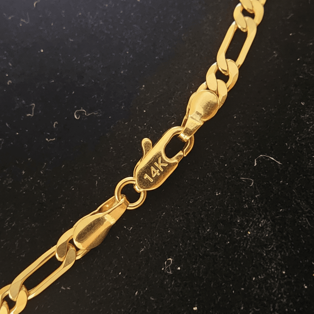 14ct Gold 18 45cm 4mm 31 Figaro Link Chain close-up showing clasp with 14K hallmark.