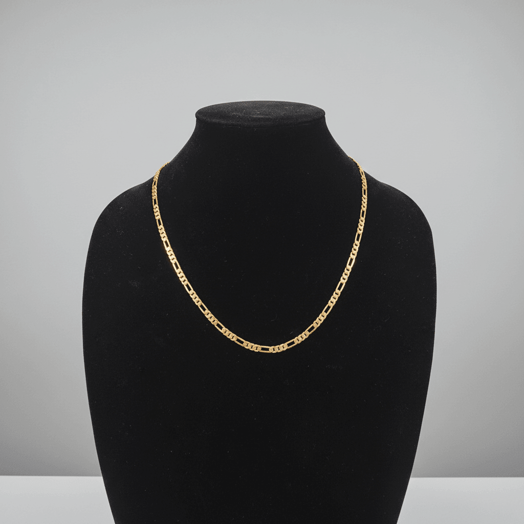 14ct Gold 24 61cm 5mm 31 Figaro Link Chain displayed on a black jewelry stand.