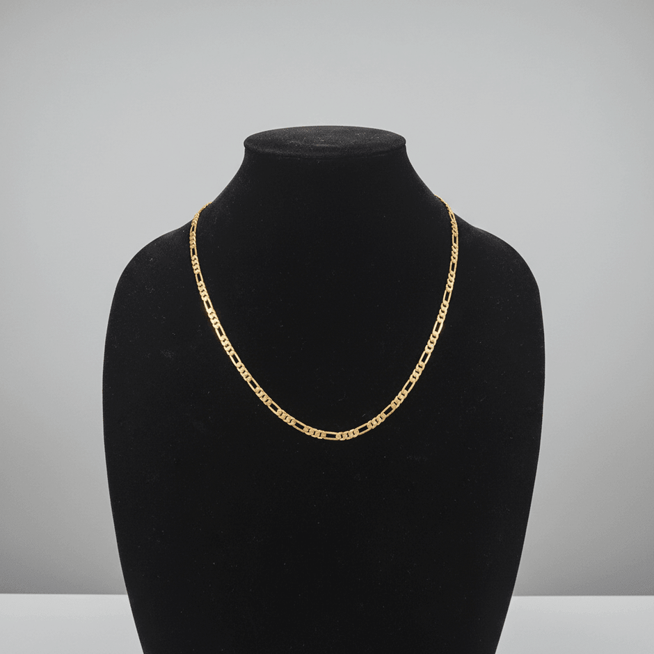 14ct Gold 24 61cm 5mm 31 Figaro Link Chain displayed on a black jewelry stand.