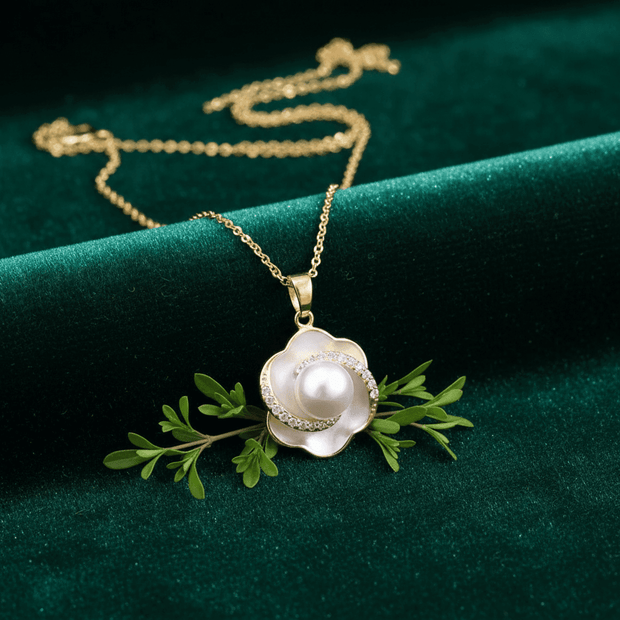 14ct Gold Titanium Steel 7mm Freshwater Pearl Flower Pendant Necklace - DP Online