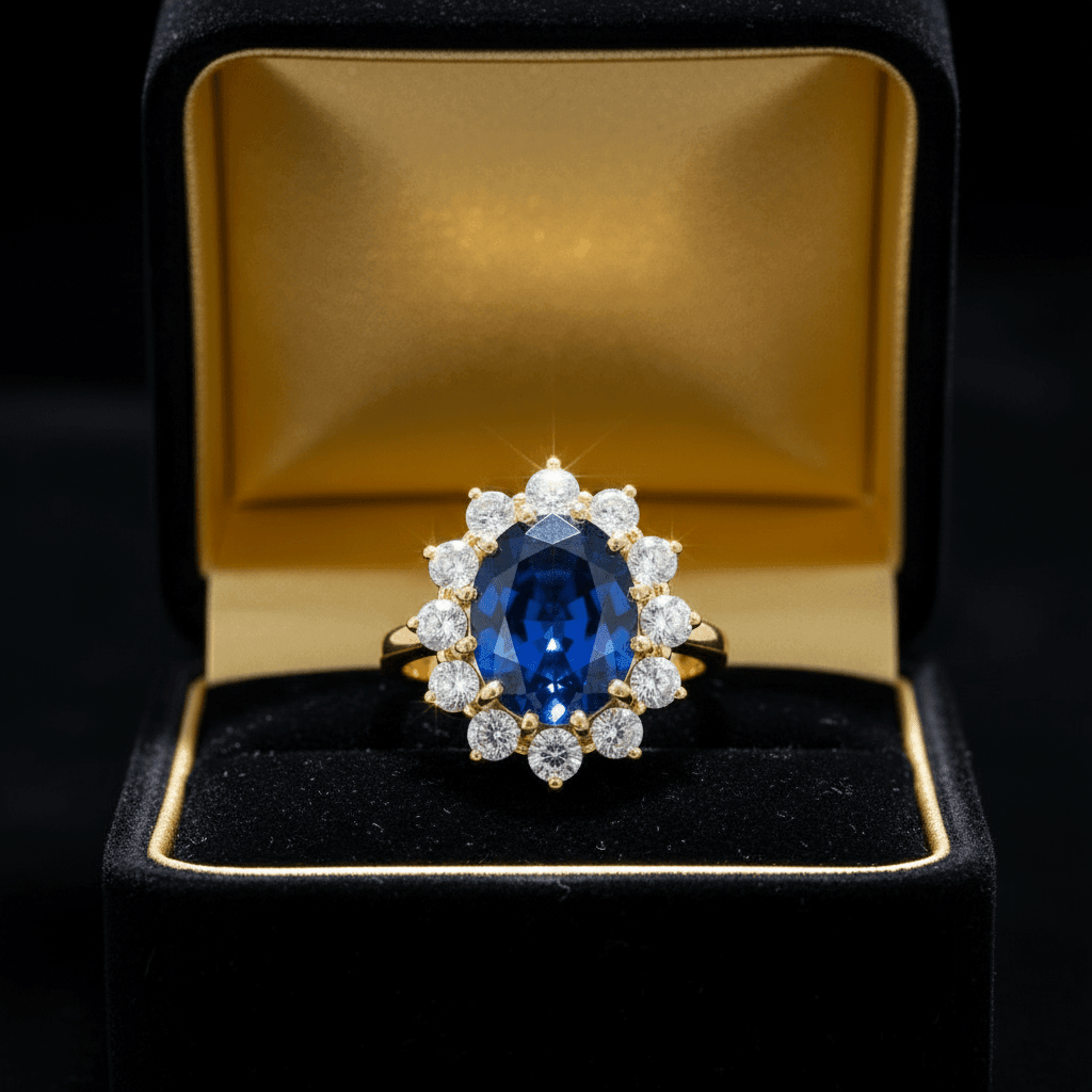 14ct Gold Titanium Steel Oval Lab-created Blue Sapphire and Cubic Zirconia Ring - DP Online