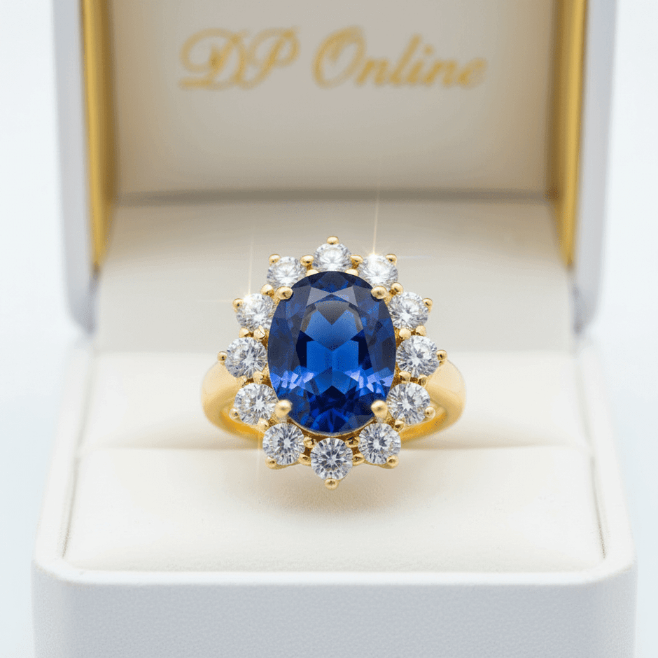 14ct Gold Titanium Steel Oval Lab-created Blue Sapphire and Cubic Zirconia Ring - DP Online
