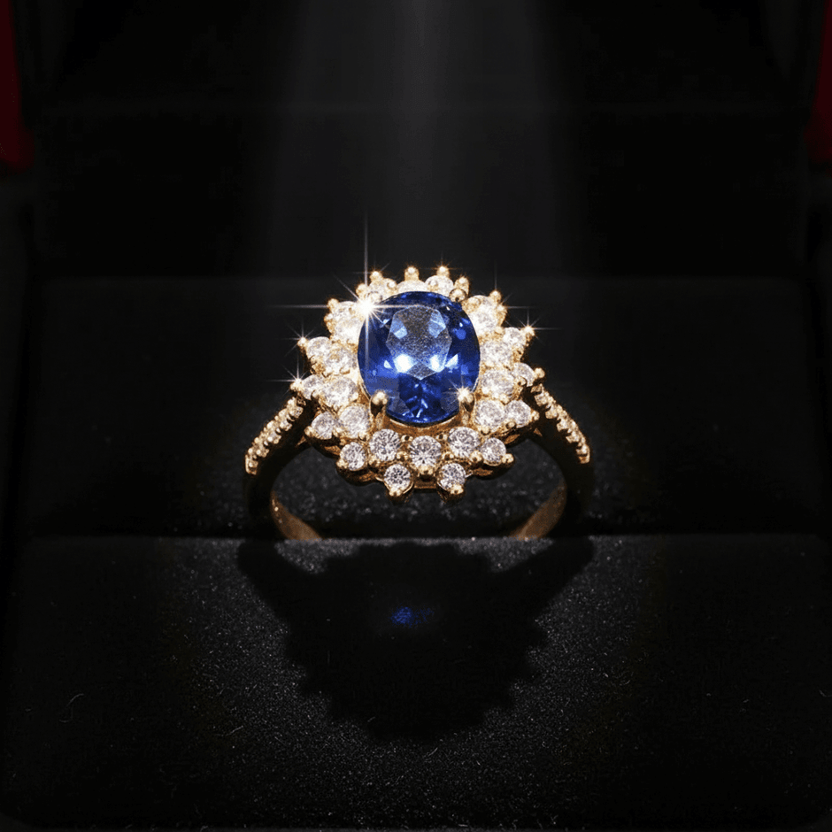 14ct Gold Titanium Steel Royal Blue Sapphire Vionne Cubic Zirconia Ring - DP Online