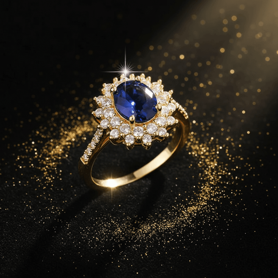 14ct Gold Titanium Steel Royal Blue Sapphire Vionne Cubic Zirconia Ring - DP Online