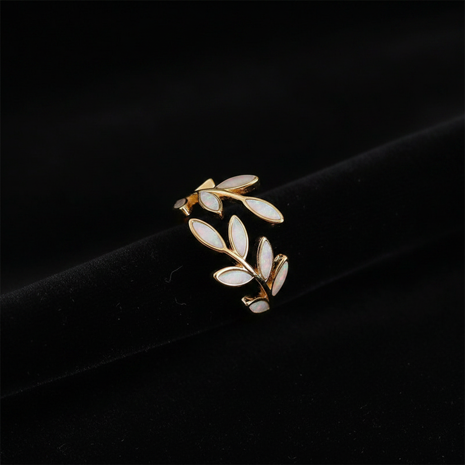 14kt Gold White Opal Leaf Ring — V1 Clean