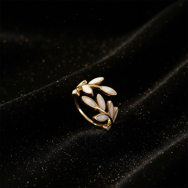 14kt Gold White Opal Leaf Ring — V2 Gold Dust