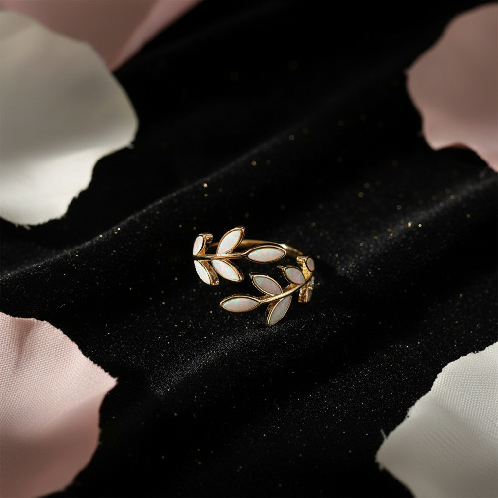 14kt Gold White Opal Leaf Ring — V3 Dust + Florals