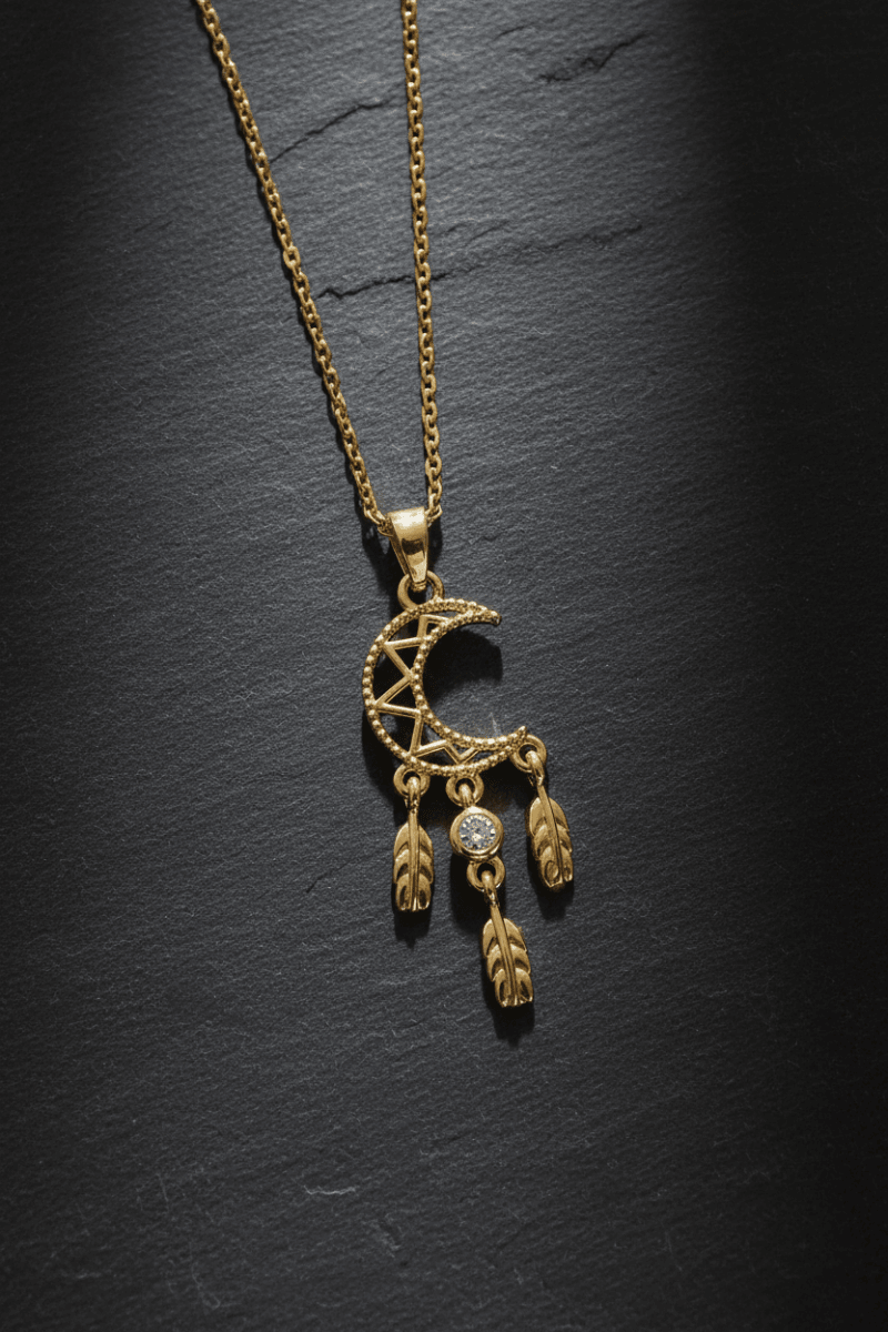 118ct Gold Titanium Crescent Moon Dream Catcher Pendant Necklace