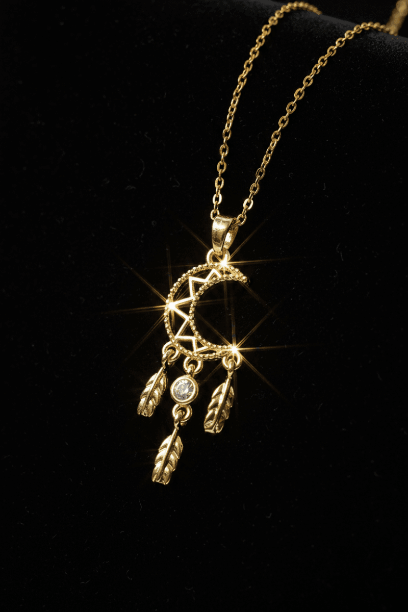 18ct Gold Titanium Crescent Moon Dream Catcher Pendant Necklace