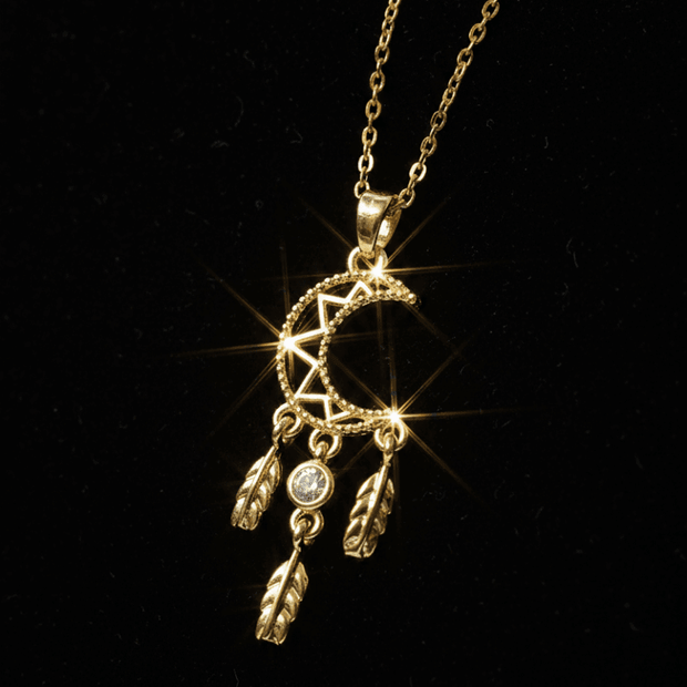 18ct Gold Titanium Crescent Moon Dream Catcher Pendant Necklace