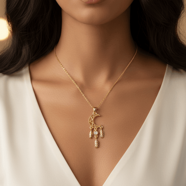118ct Gold Titanium Crescent Moon Dream Catcher Pendant Necklace