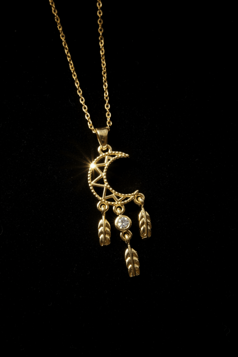 18ct Gold Titanium Crescent Moon Dream Catcher Pendant Necklace