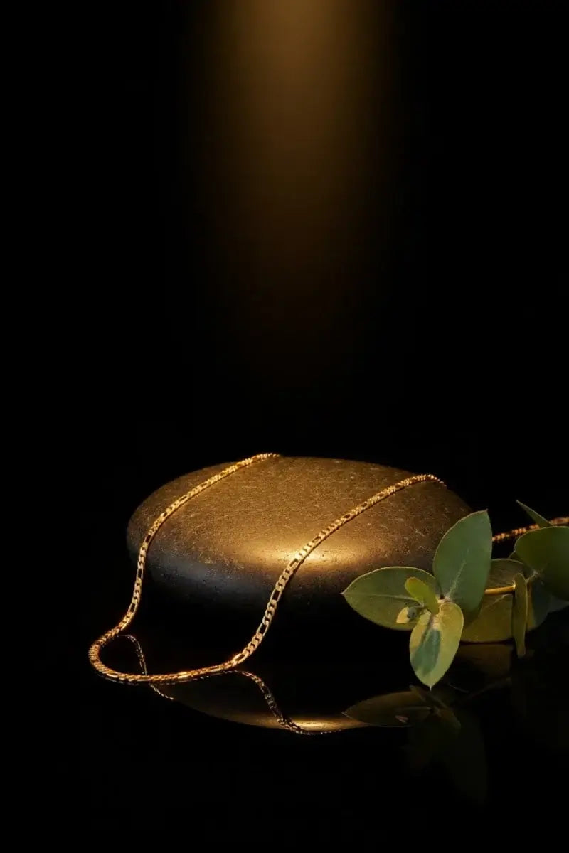 18kt gold titanium steel Figaro link chain resting on a smooth black stone with greenery.