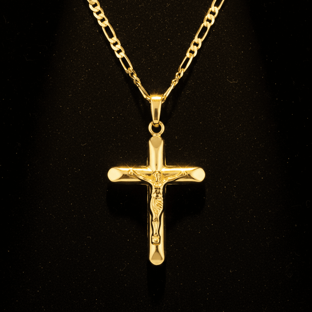 18ct Gold Titanium Crucifix Pendant Figaro Chain