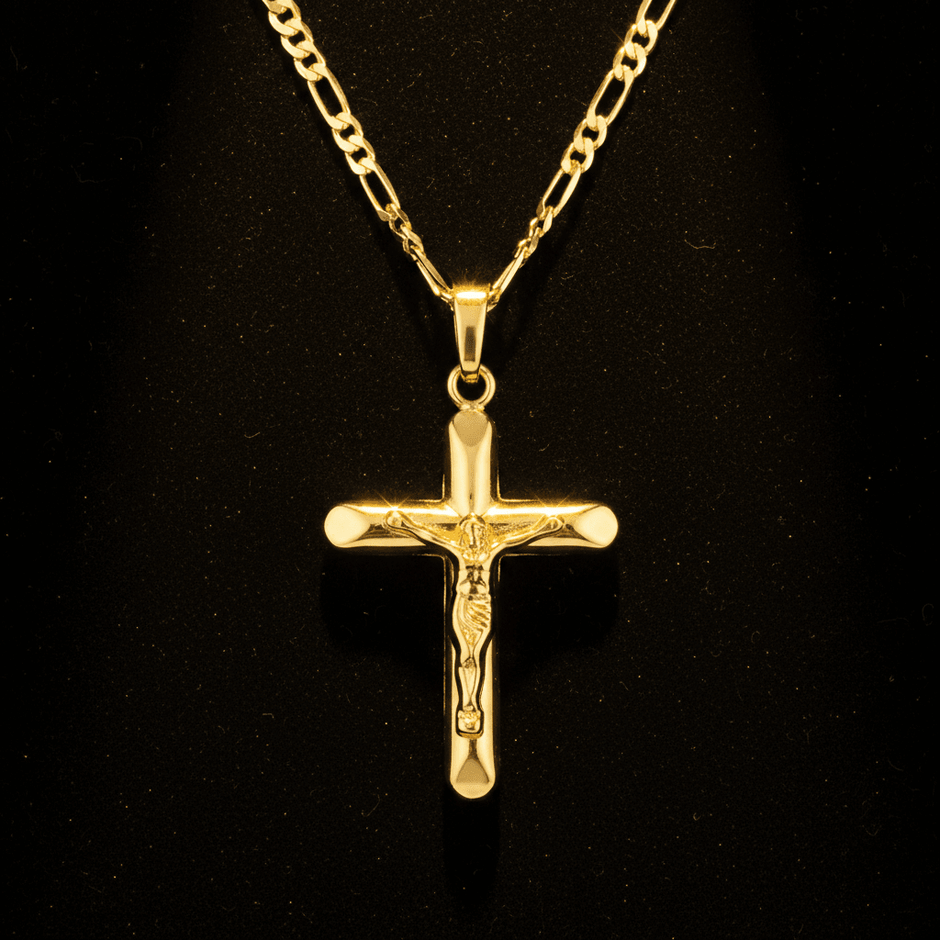 18ct Gold Titanium Crucifix Pendant Figaro Chain