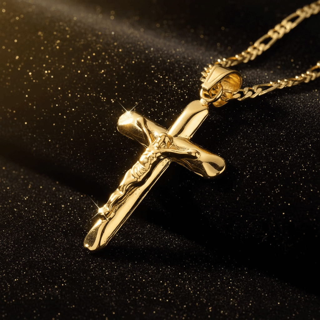 118ct Gold Titanium Crucifix Pendant Figaro Chain