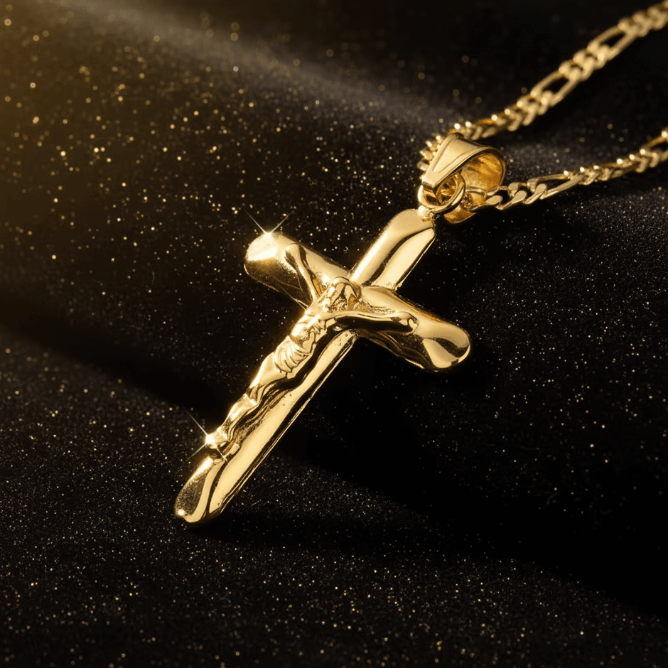 118ct Gold Titanium Crucifix Pendant Figaro Chain