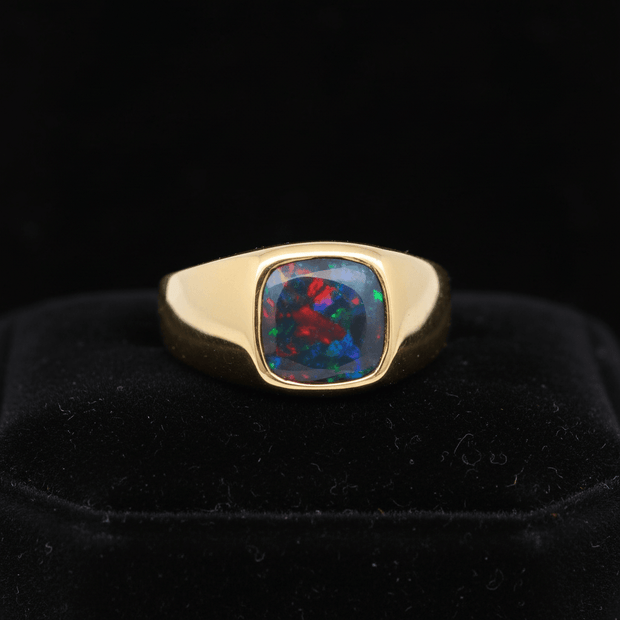 18ct Gold Titanium Steel Natural Australian Fired Triplet Opal Men's Ring - DP Online