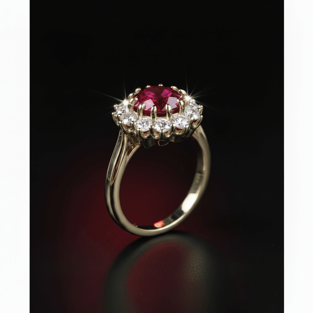 18ct Gold Titanium Steel Ruby Cubic Zirconia Cluster Ring - DP Online