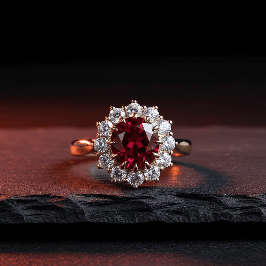 18ct Gold Titanium Steel Ruby Cubic Zirconia Cluster Ring - DP Online