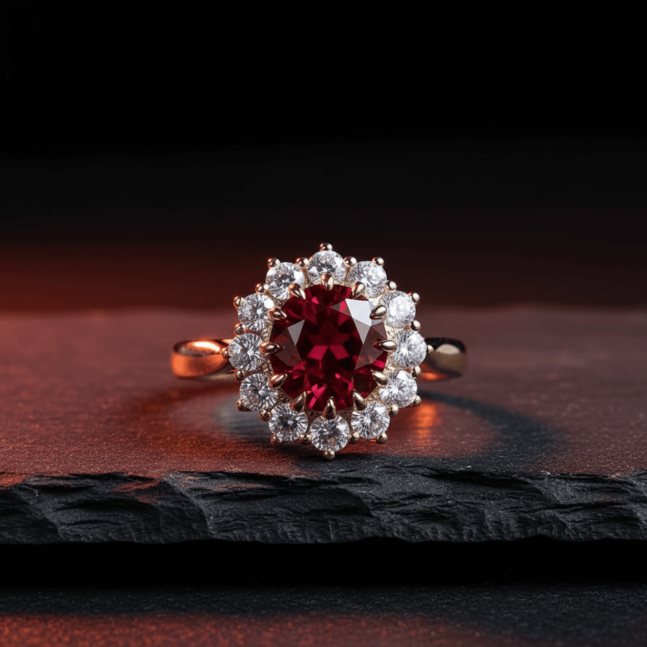 18ct Gold Titanium Steel Ruby Cubic Zirconia Cluster Ring - DP Online