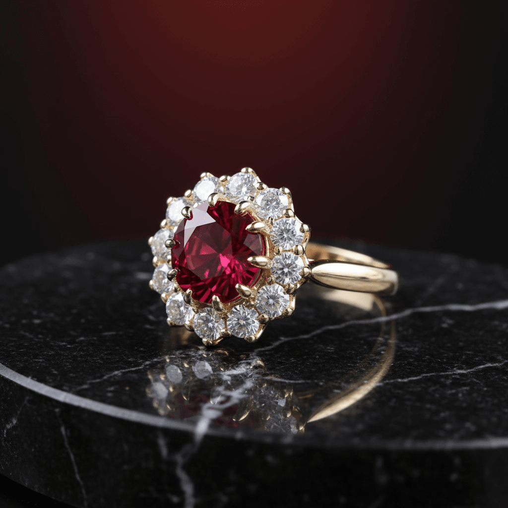 18ct Gold Titanium Steel Ruby Cubic Zirconia Cluster Ring - DP Online