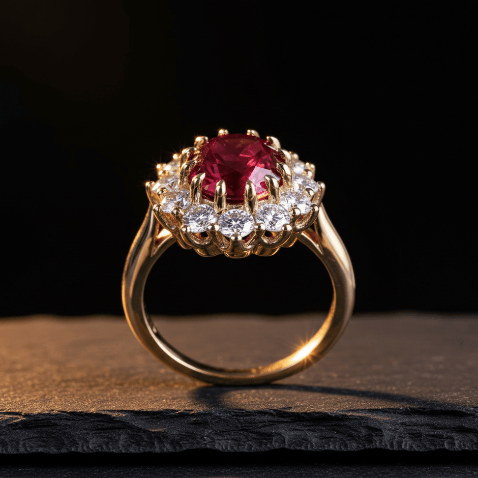 18ct Gold Titanium Steel Ruby Cubic Zirconia Cluster Ring - DP Online