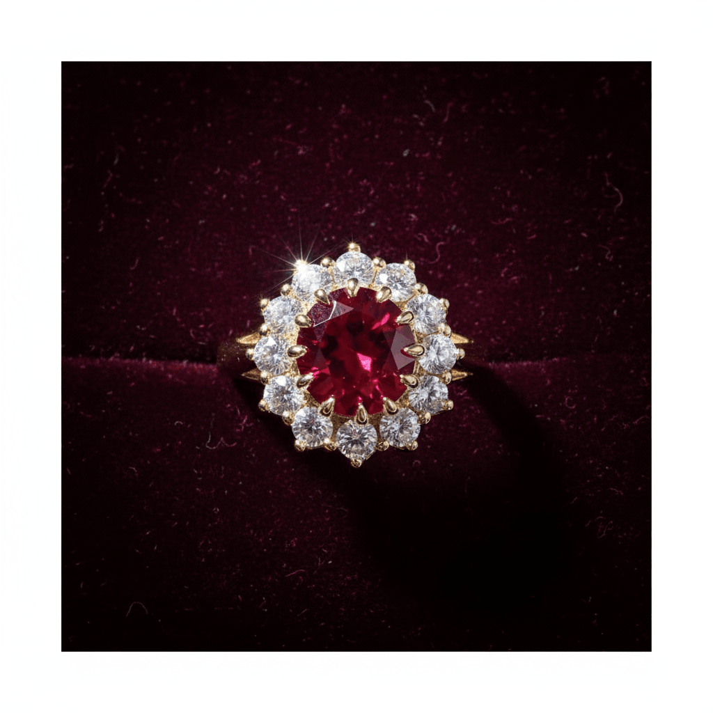 18ct Gold Titanium Steel Ruby Cubic Zirconia Cluster Ring - DP Online