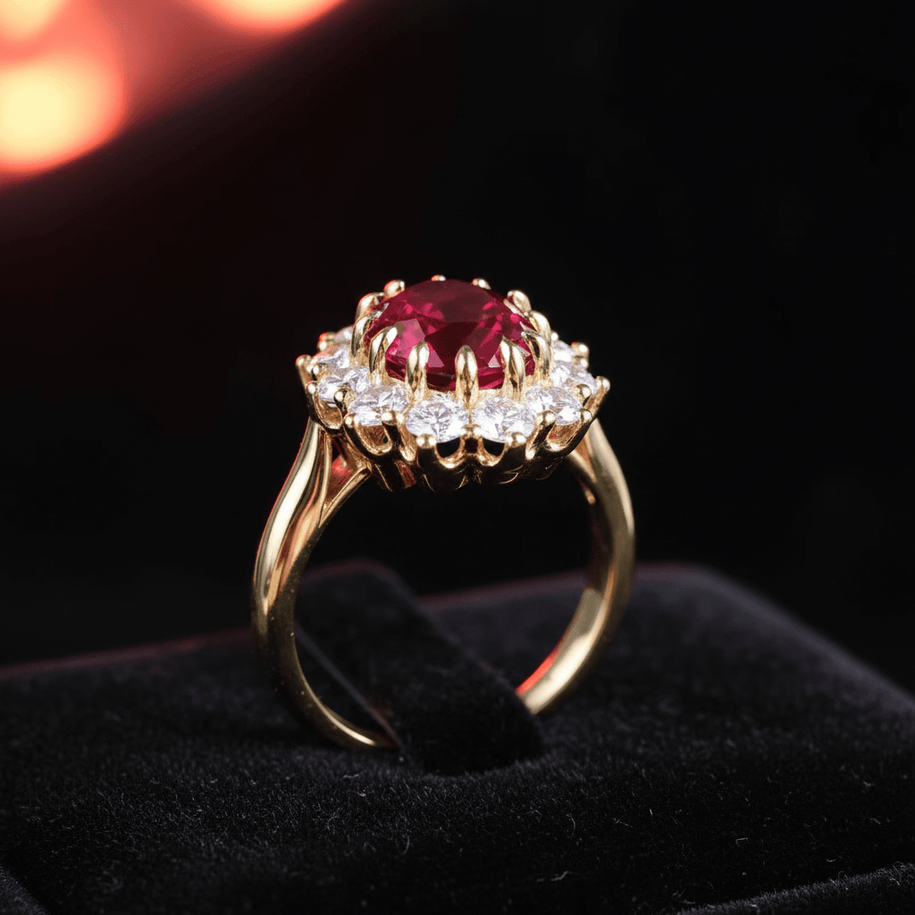 18ct Gold Titanium Steel Ruby Cubic Zirconia Cluster Ring - DP Online