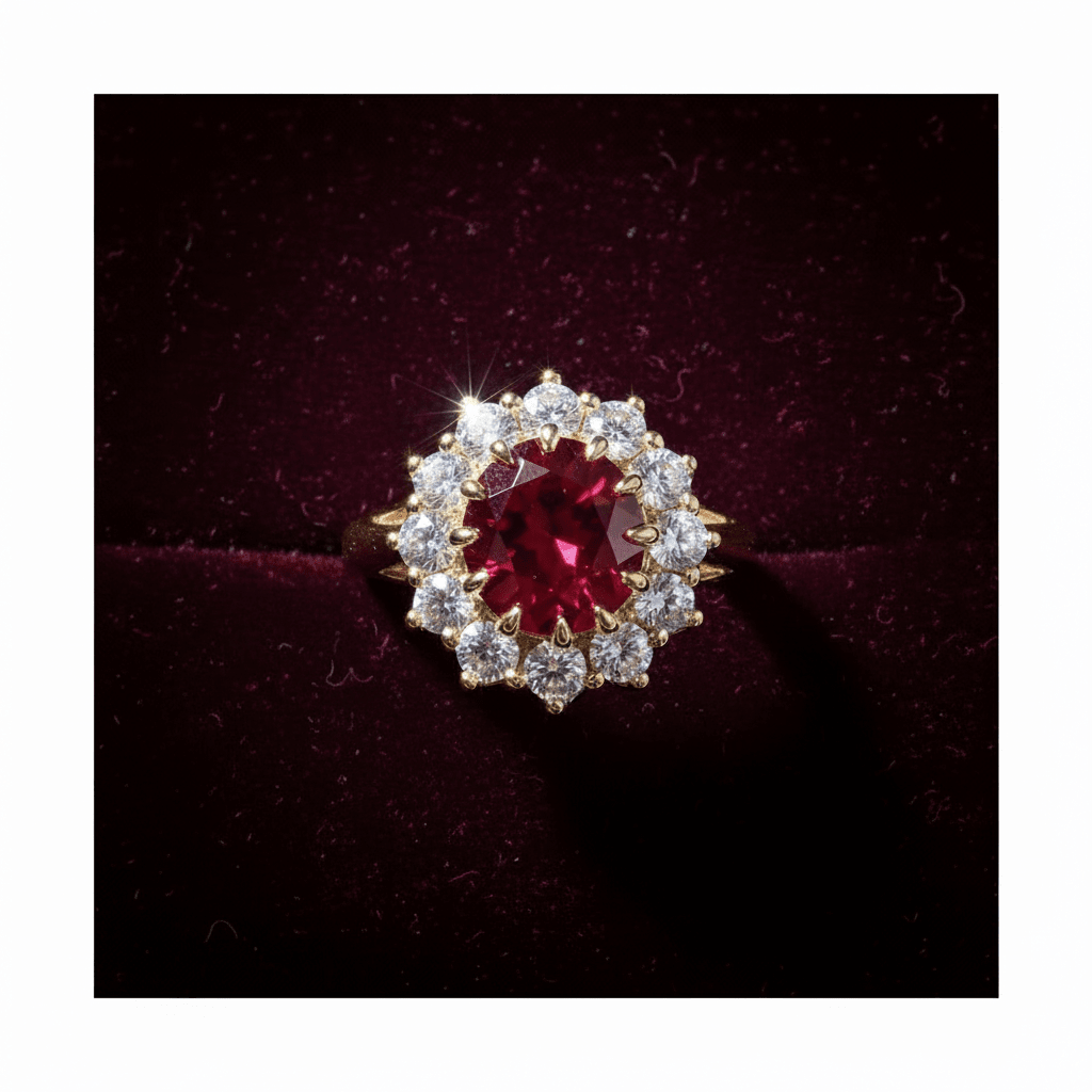 18ct Gold Titanium Steel Ruby Cubic Zirconia Cluster Ring - DP Online