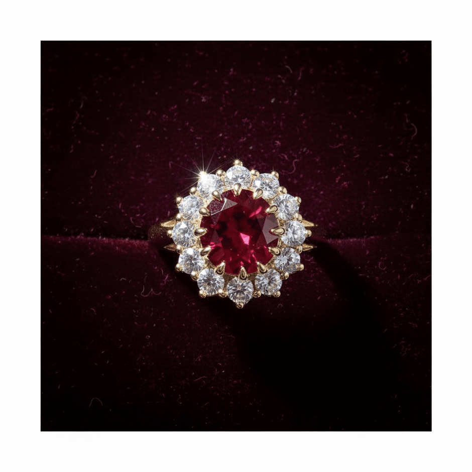 18ct Gold Titanium Steel Ruby Cubic Zirconia Cluster Ring - DP Online