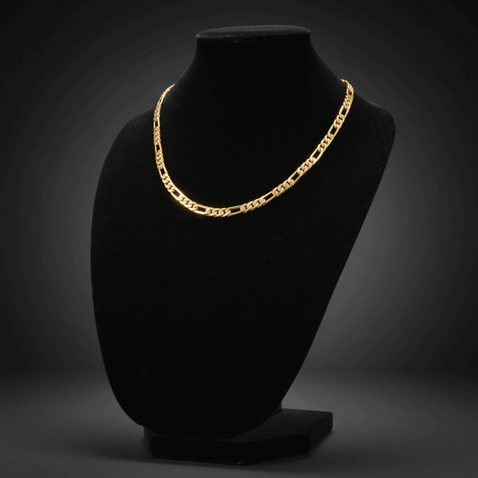 18ct Solid Gold 24" 61cm 8mm 31 elegant necklace displayed on a black bust for jewelry showcase.