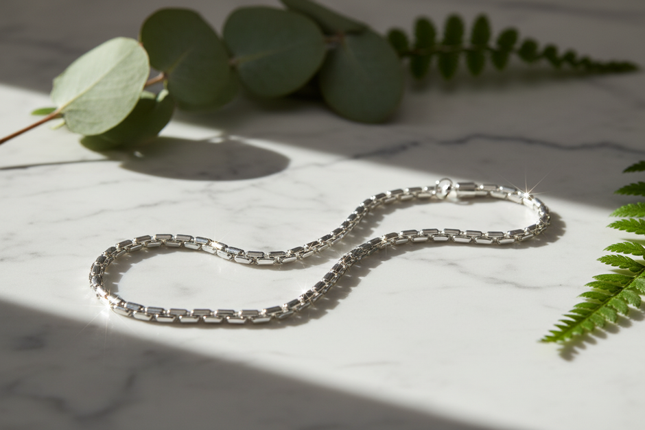 19cm sterling silver figaro chain bracelet with enhanced sparkle and greenery on natural stone
