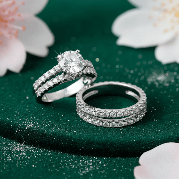 2 Piece 14ct White Gold Titanium Steel Moissanite Diamond Bridal Ring Set - DP Online