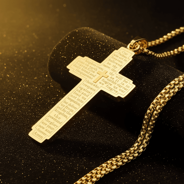 24" 61cm Christian 18ct Gold Titanium Steel Lord's Prayer Cross Pendant Chain - DP Online