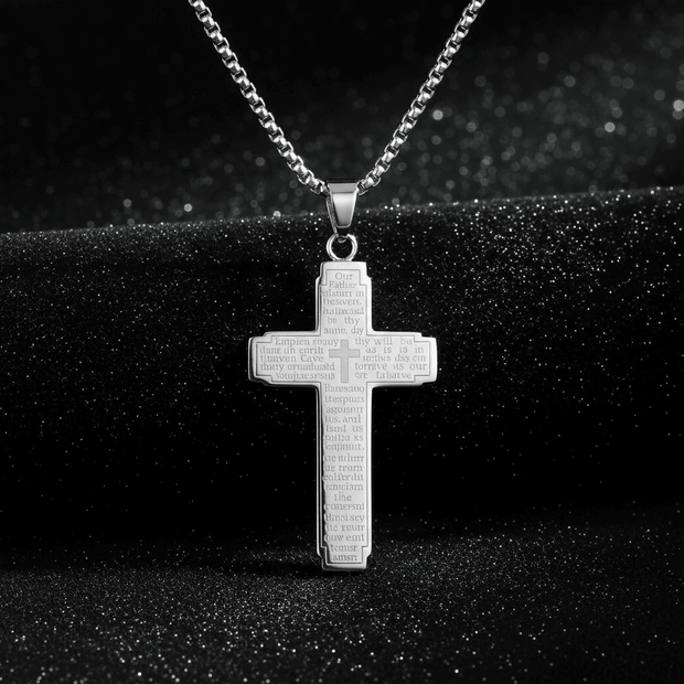 24" 61cm Christian Stainless Steel Lord's Prayer Cross Pendant Chain - DP Online