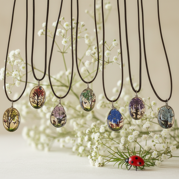 7 Pendants on Cords - Botanical Background