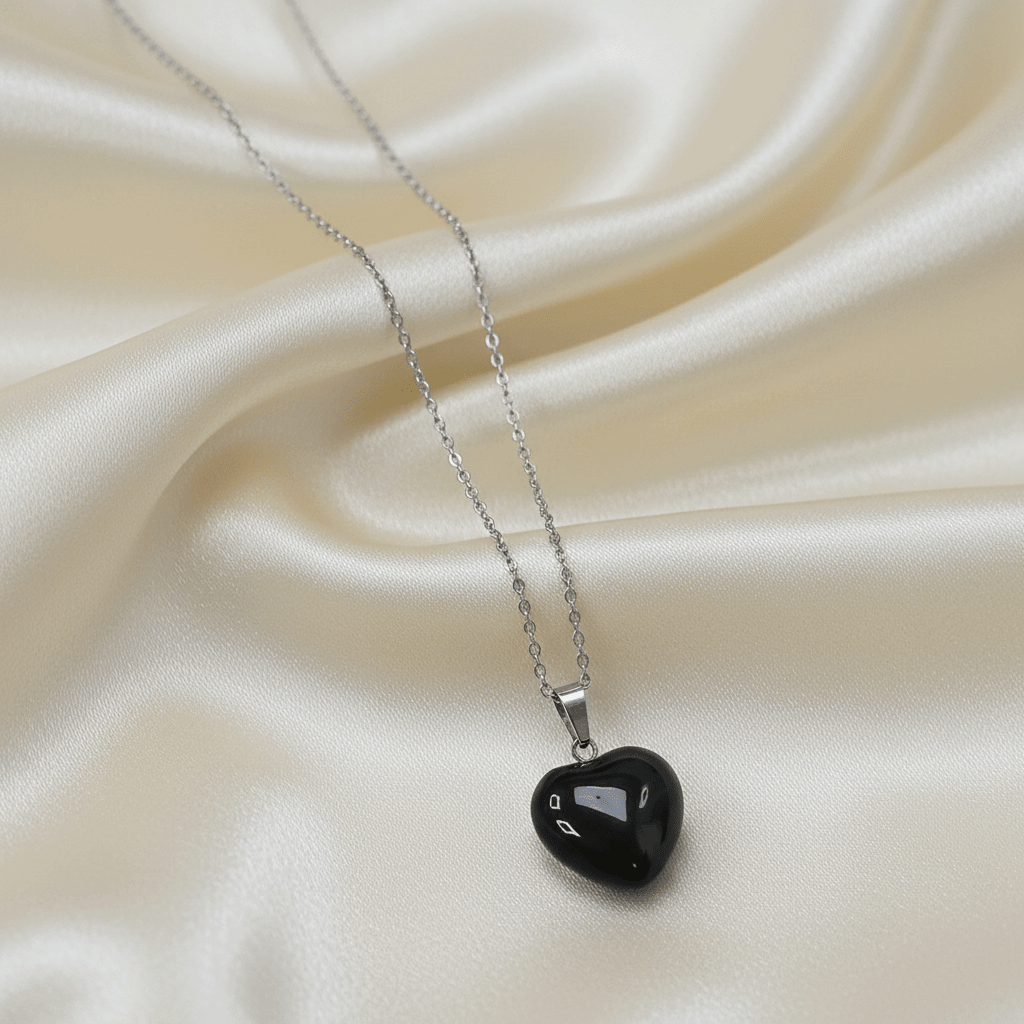 925 Sterling Silver Black Obsidian Heart Stone Pendant Small Link Chain Necklace - DP Online